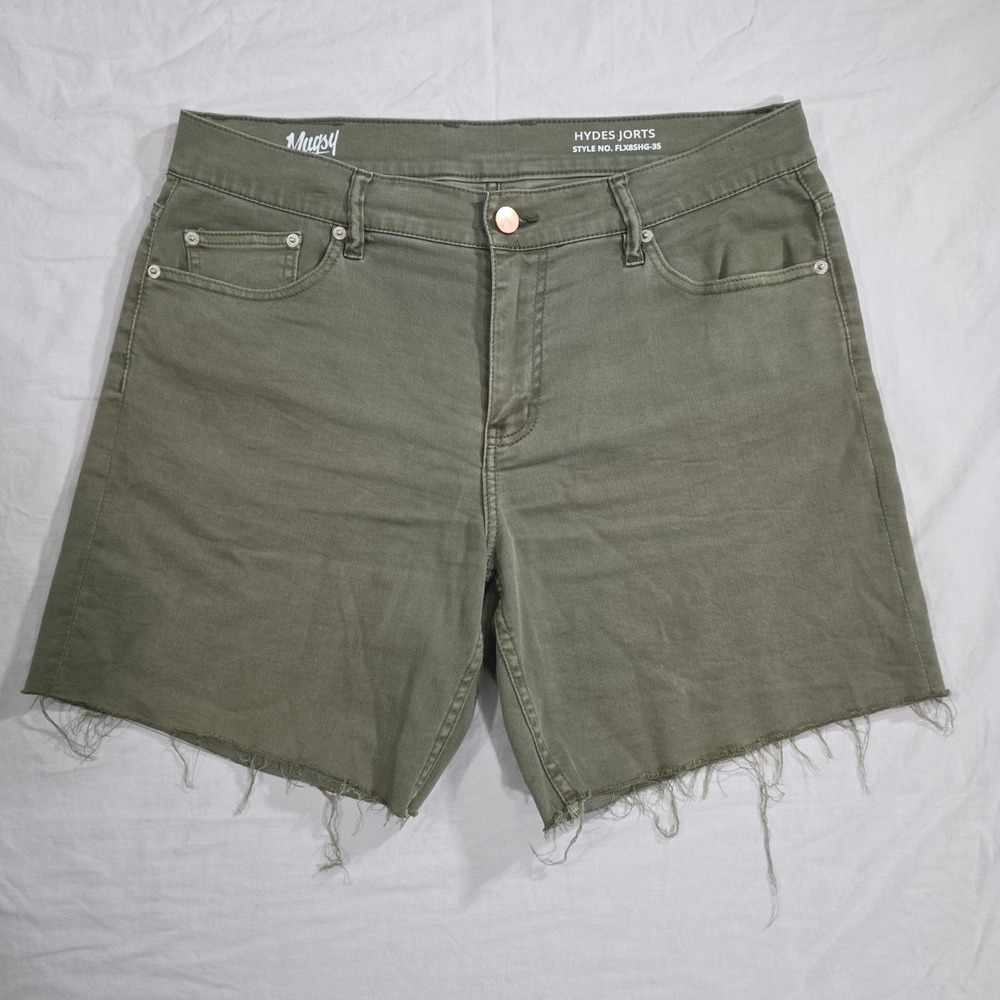 Mugsy Hydes Jorts Denim Shorts 36 Olive Green Stretch Raw Hem FLX8SHG-35 Casual
